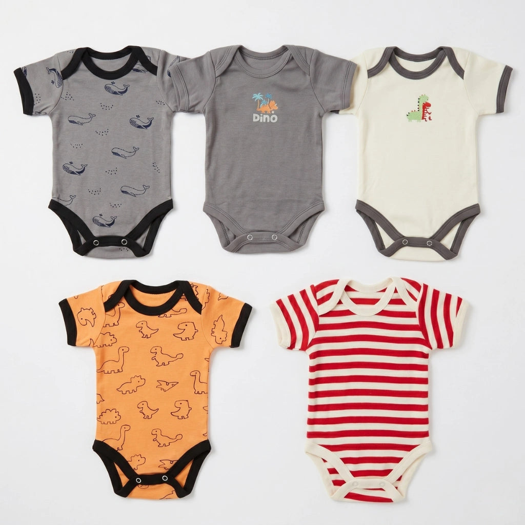 Five baby bodysuits with different patterns on a white background