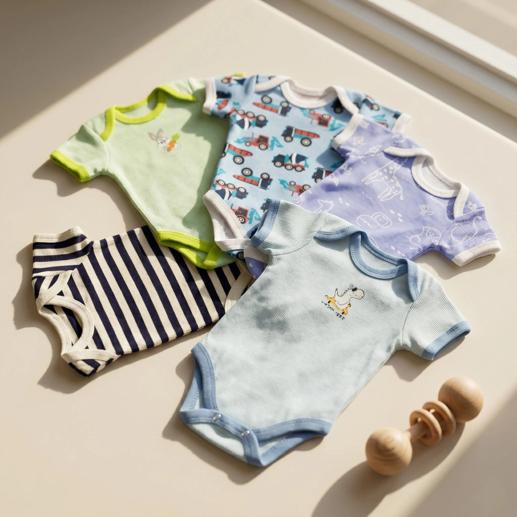 Five baby bodysuits with different patterns on a light surface.
