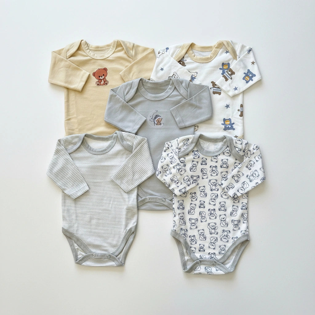 Five long-sleeve baby bodysuits arranged in a flat lay on a light off-white background. The set includes a cream bodysuit with a teddy bear graphic, a light gray bodysuit with a small chest graphic, a white bodysuit with blue cartoon characters, a white bodysuit with thin gray stripes, and a white bodysuit with a repeating gray bear print.
