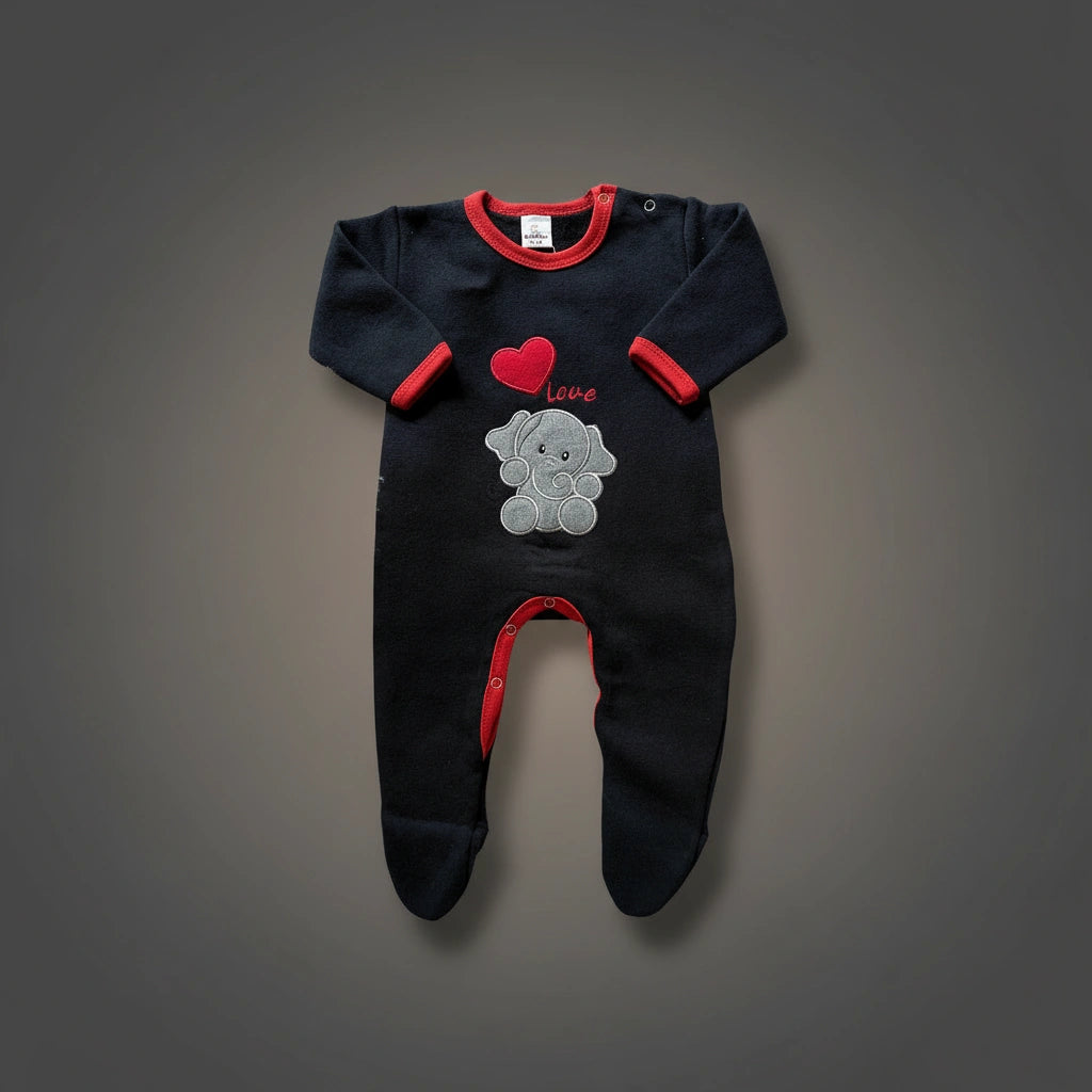 Black baby onesie with red trim, heart, and elephant design on a white background