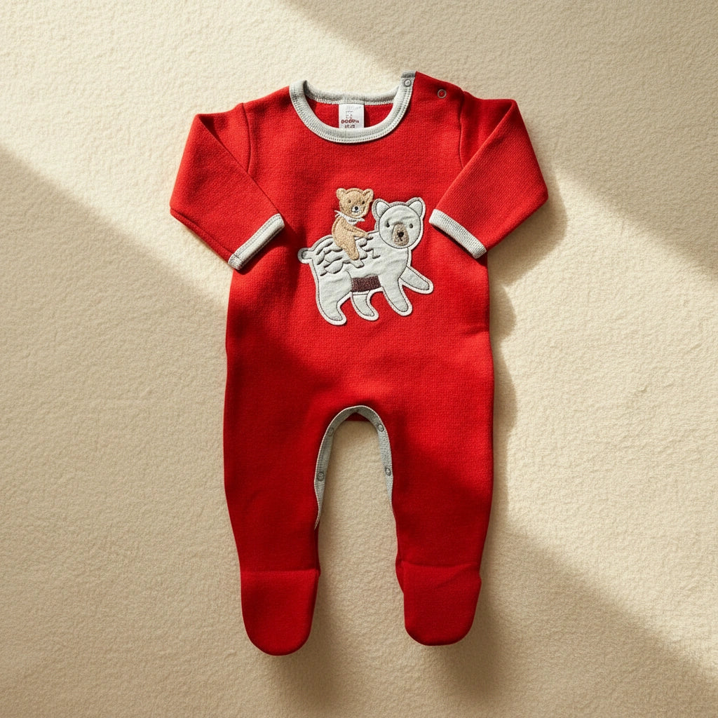 Red baby onesie with bear design on a white background