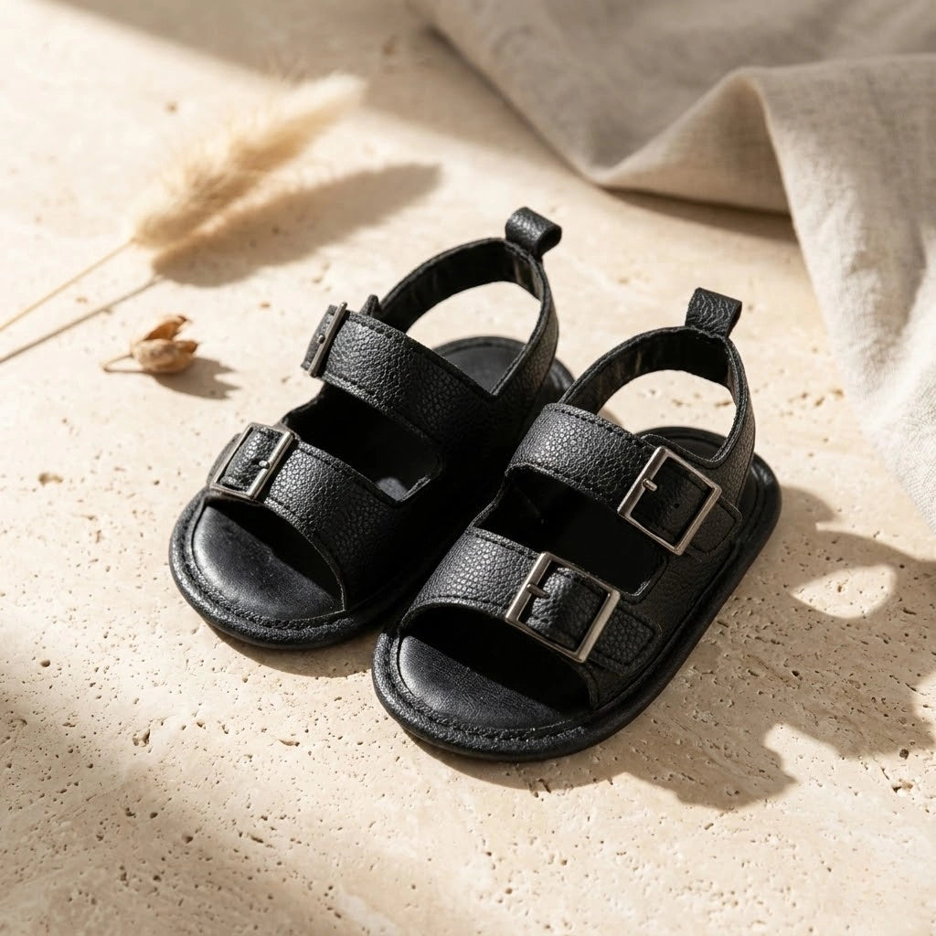Pair of black sandals with buckles on a beige surface