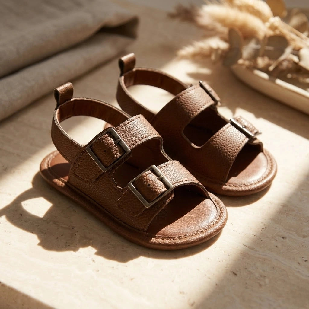 Pair of brown children's sandals with buckles on a light wooden surface.