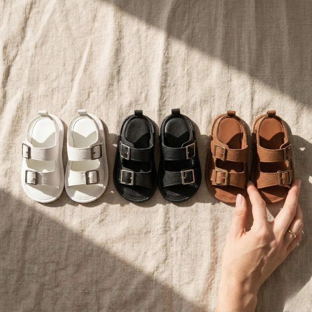 Three pairs of sandals in white, black, and brown on a textured surface with a hand reaching for the brown sandals.