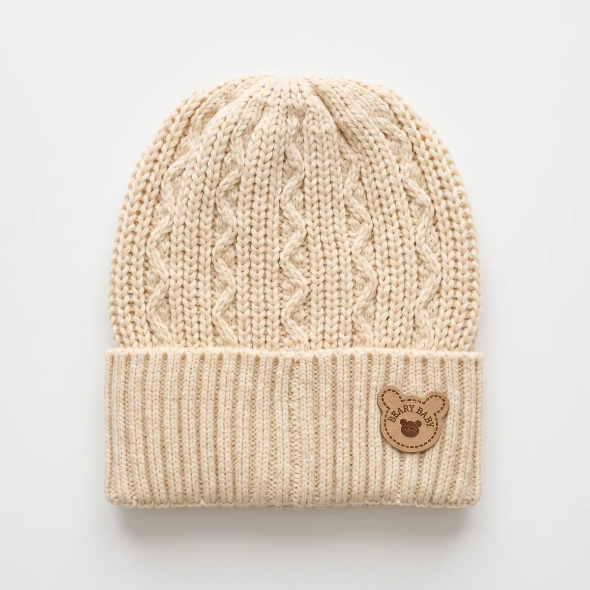 Baby Cotton Cable Knit Cap with Bear Patch, 0-6M | Alaya Junior