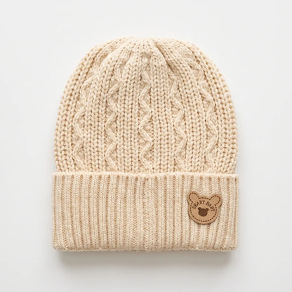 Baby Cotton Cable Knit Cap with Bear Patch, 0-6M | Alaya Junior