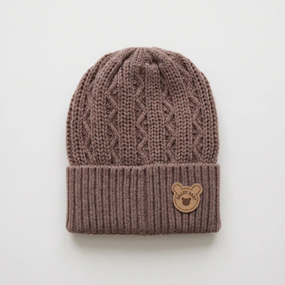 Baby Cotton Cable Knit Cap with Bear Patch, 0-6M | Alaya Junior