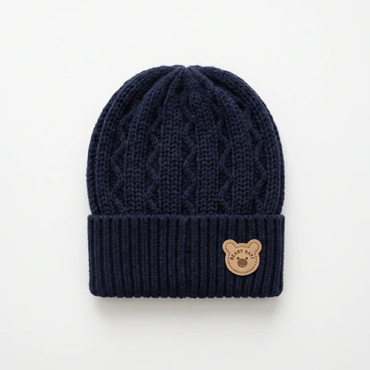 Baby Cotton Cable Knit Cap with Bear Patch, 0-6M | Alaya Junior