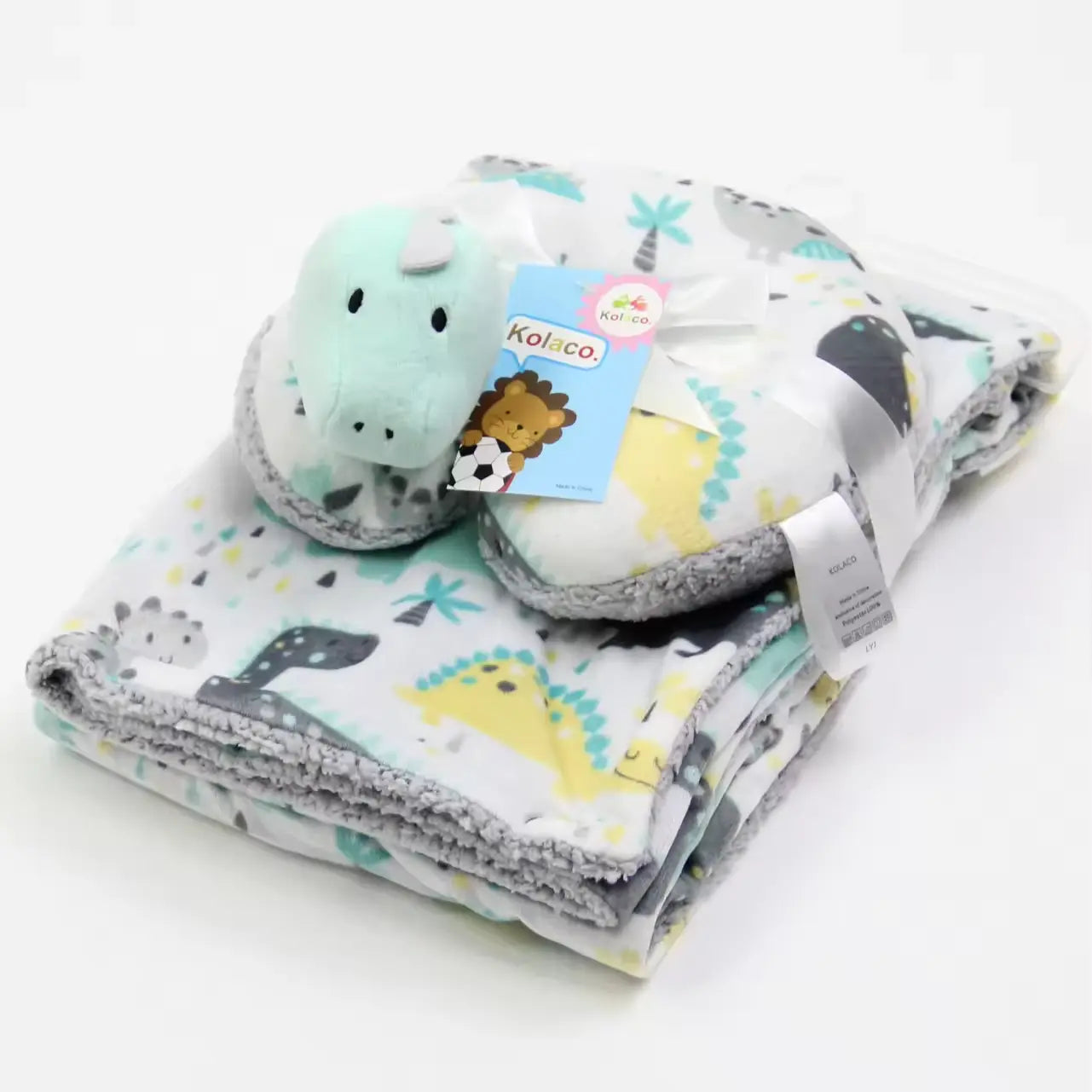 Cozy Polyester Fleece Neck Pillow and Plush Velvet Baby Blanket (Dinosaur Design)