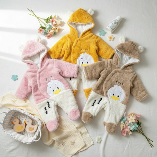 Three baby rompers with duck designs on a light background with flowers and a basket.