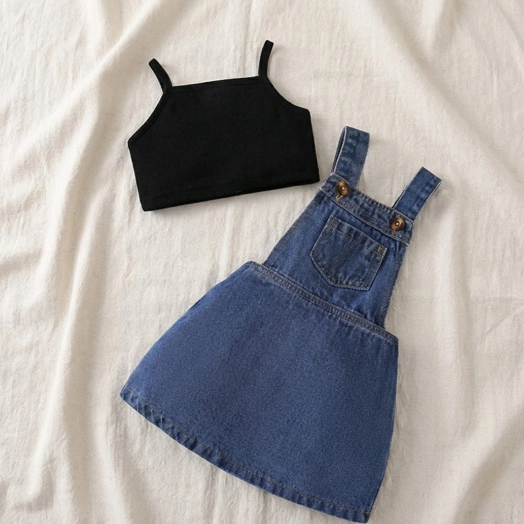 Black crop top and blue denim pinafore dress on a beige fabric background