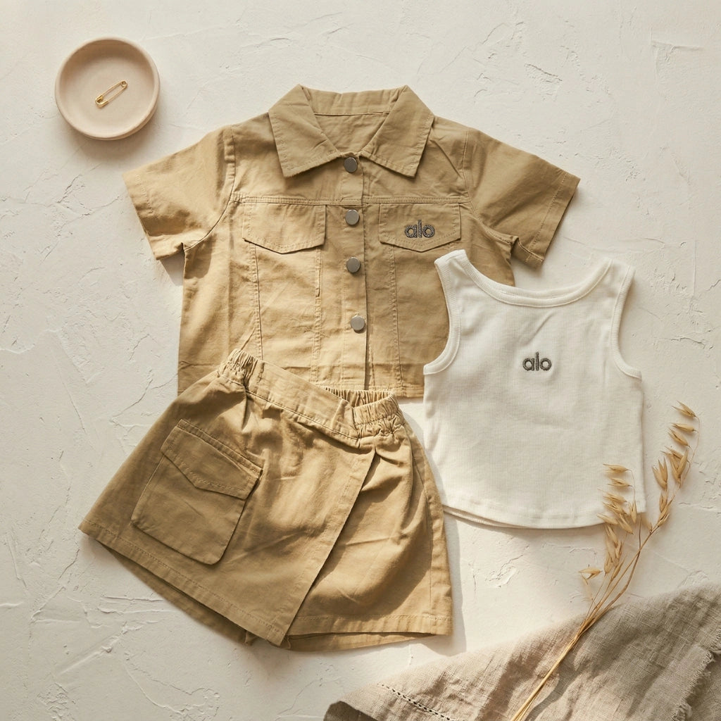 Children's beige shirt and shorts set with white tank top on a light background
