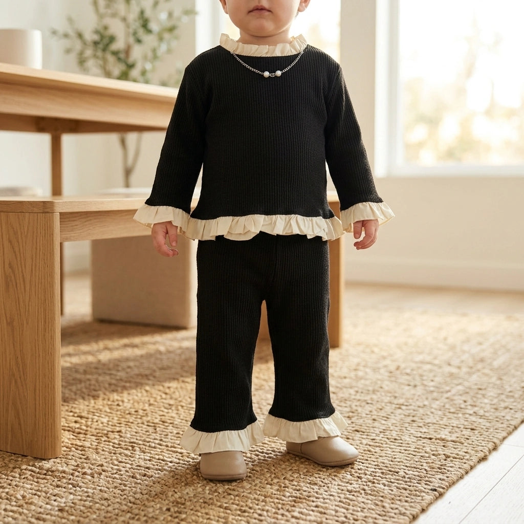 Baby Girl 3-Piece Ribbed Knit Set – Ruffle Top, Trousers & Necklace