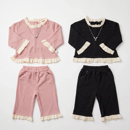 Baby Girl 3-Piece Ribbed Knit Set – Ruffle Top, Trousers & Necklace