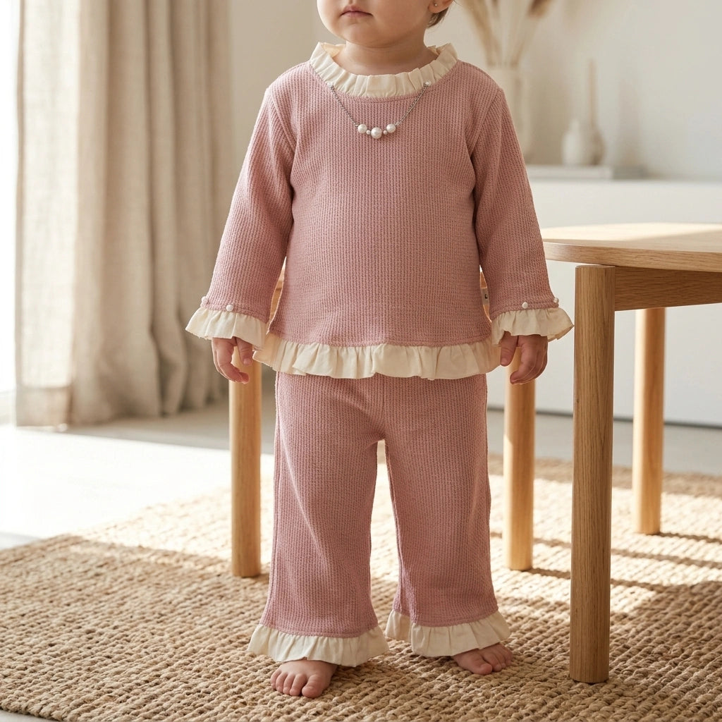 A toddler stands barefoot indoors wearing a two-piece waffle-knit outfit in dusty pink with cream ruffle trim at the collar, cuffs, and hem. The matching pants have a flared leg, and the top has long sleeves.