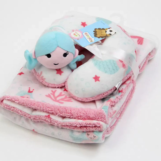 Cozy Polyester Fleece Neck Pillow and Plush Velvet Baby Blanket (Pink Doll Design)