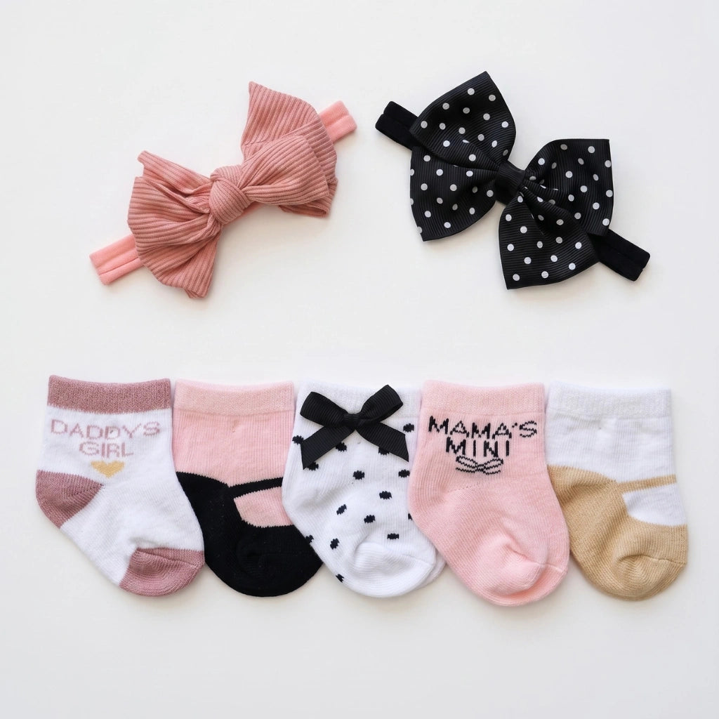 Set of baby accessories including socks and headbands on a white background