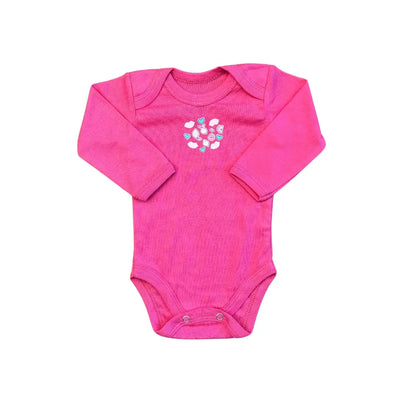 The Carter's Baby Girl Full Sleeves Bodysuit from the Pack of 5 is a bright pink, long-sleeved garment made from soft cotton. It includes convenient snap-button closures at the bottom and showcases a small, colorful graphic of smiling fruits, including apples and cherries, on the chest.