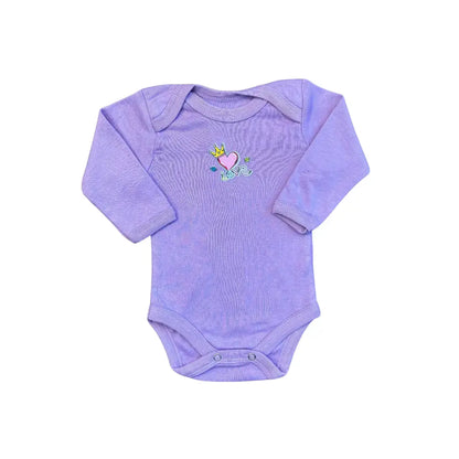 Carter's Baby Girl Full Sleeves Bodysuits Pack of 5 includes a light purple, long-sleeved bodysuit made from soft cotton, featuring an embroidered design on the chest with a pink heart, blue flower, and yellow crown next to the word "Love." The onesie is designed with convenient snap-button closures at the bottom for easy changing.