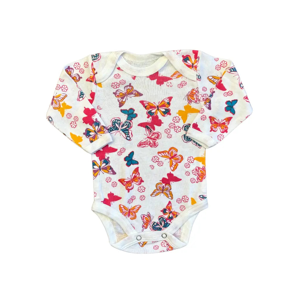 A soft cotton, long-sleeve baby onesie from Carter's Baby Girl Full Sleeves Bodysuits Pack of 5 featuring a vibrant, multicolored butterfly pattern. The bodysuit includes snap-button closures at the bottom for easy diaper changes.