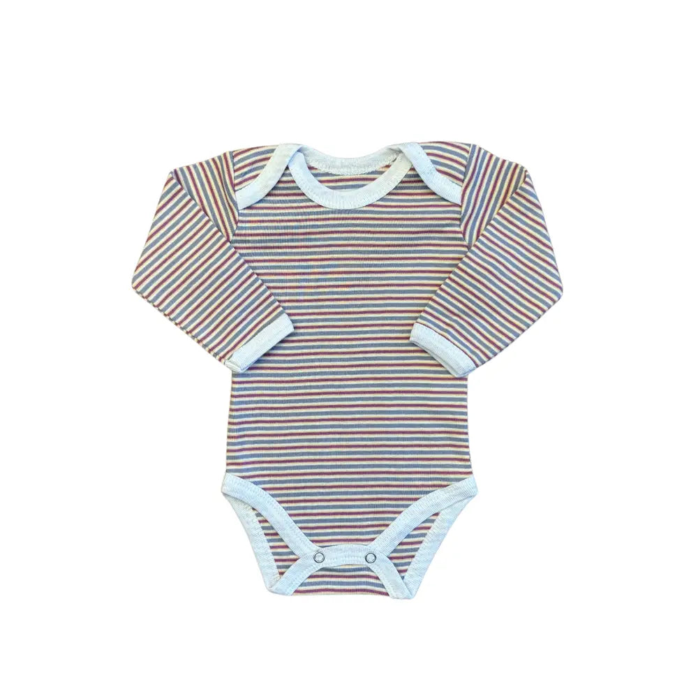 The Carter's Baby Girl Full Sleeves Bodysuits Pack of 5 includes a long-sleeved baby bodysuit featuring a colorful striped pattern with red, yellow, green, blue, and white stripes. Made from soft cotton, the bodysuit boasts white trim around the neck, wrists, and leg openings and is equipped with snap-button closures for easy changing.