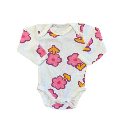 The Carter's Baby Girl Full Sleeves Bodysuit, part of a pack of 5, is crafted from soft cotton and showcases a vibrant floral pattern in pink, orange, and yellow. This white onesie features snap-button closures at the bottom for convenient diaper changes and is displayed flat against a plain white background.