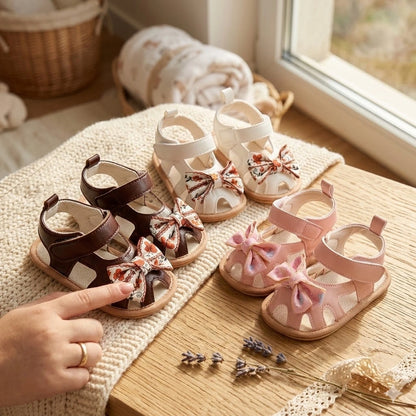 Pair of children's sandals with decorative bows on a wooden surface.