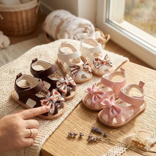 Pair of children's sandals with decorative bows on a wooden surface.