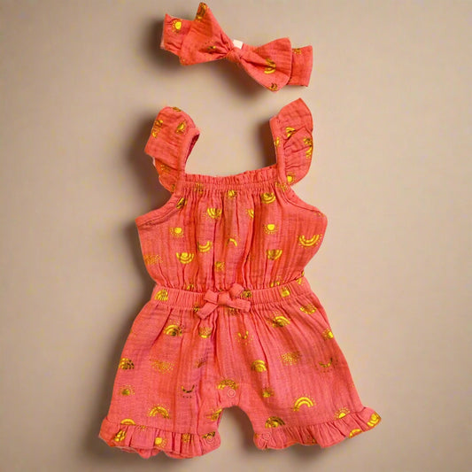 Baby Girl 2-Piece Muslin Romper Set with Matching Headband --SS02