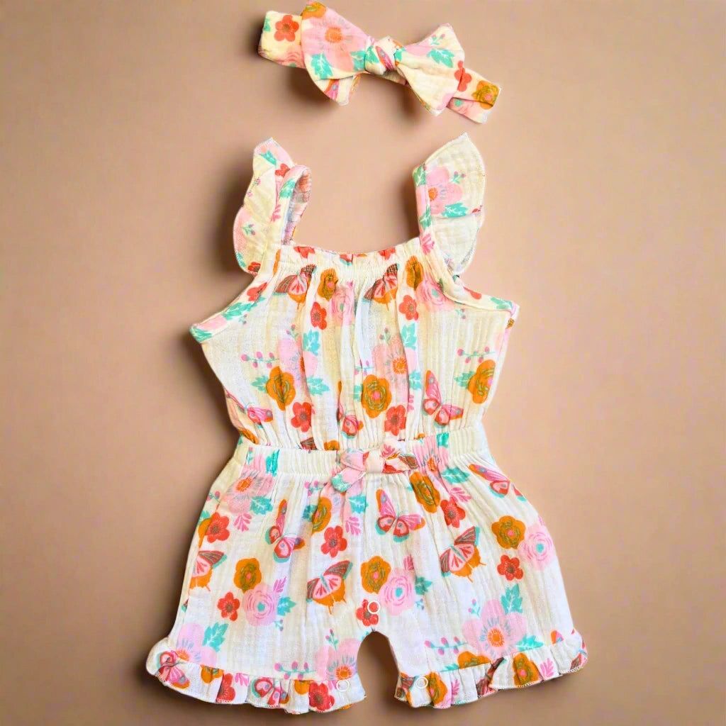Baby Girl 2-Piece Muslin Romper Set with Matching Headband --SS03