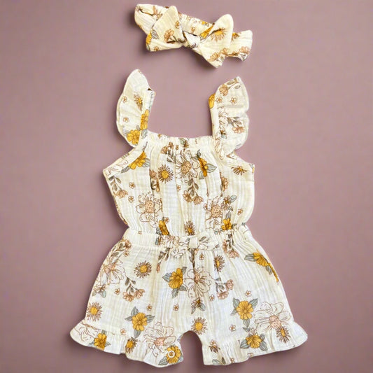 Baby Girl 2-Piece Muslin Romper Set with Matching Headband --SS01
