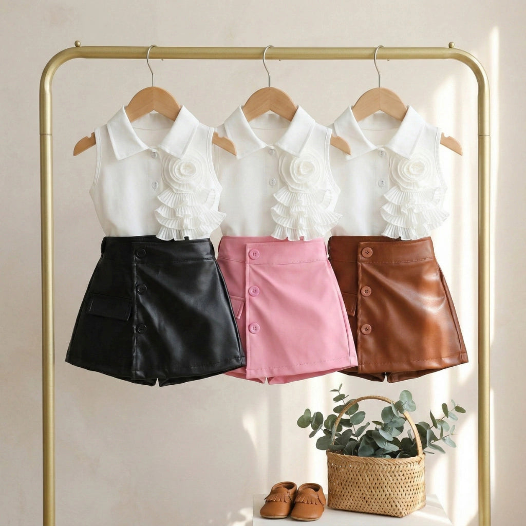 Girls 3D Rosette Ruffle Shirt & Faux Leather Skort 2-Piece Set | 1–6 Years