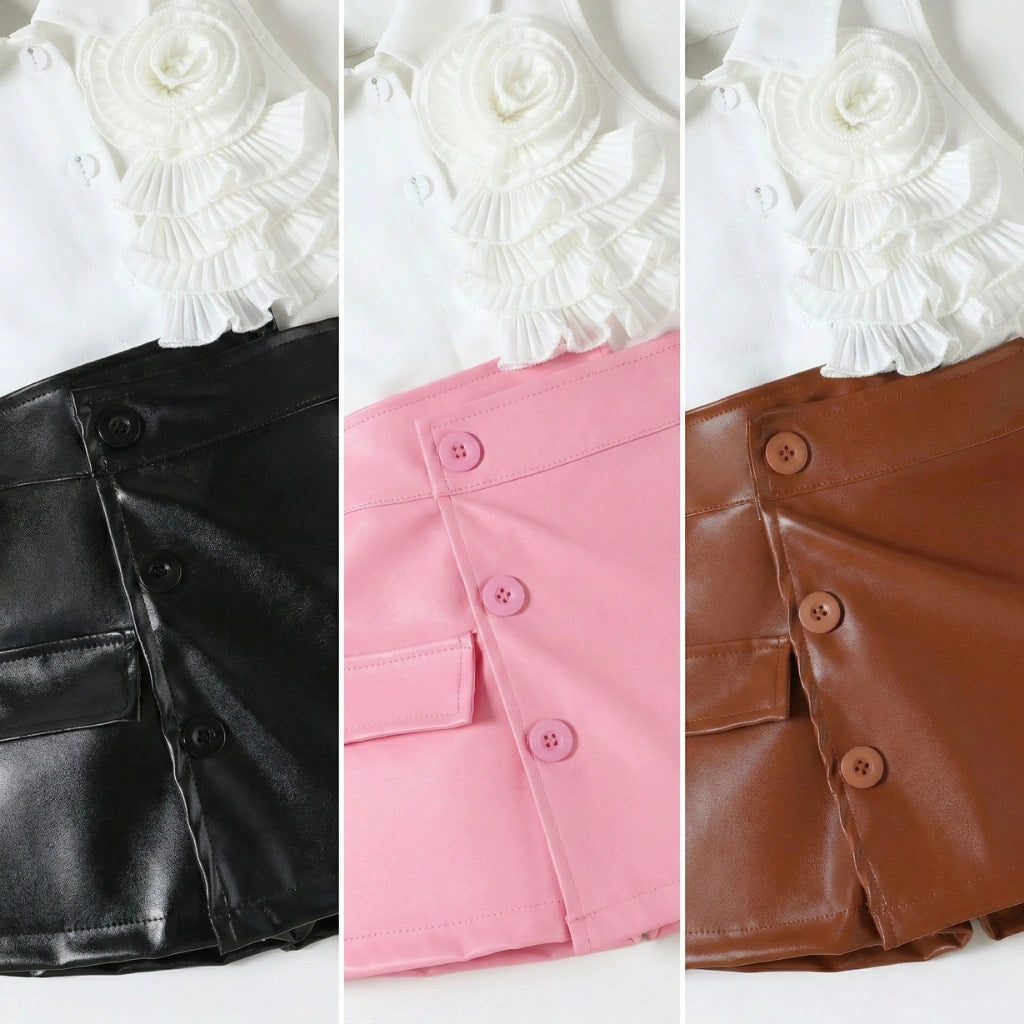 Girls 3D Rosette Ruffle Shirt & Faux Leather Skort 2-Piece Set | 1–6 Years