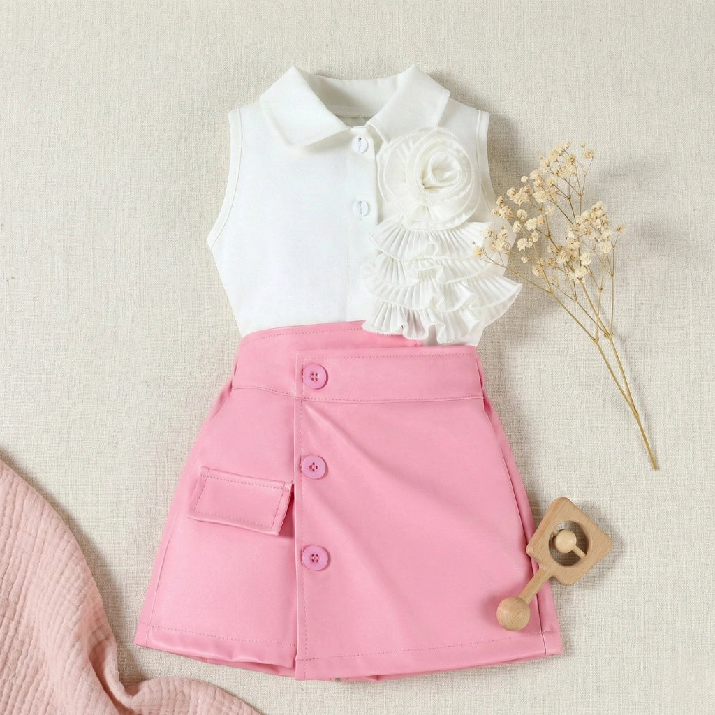 Girls 3D Rosette Ruffle Shirt & Faux Leather Skort 2-Piece Set | 1–6 Years