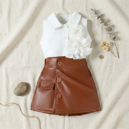 Girls 3D Rosette Ruffle Shirt & Faux Leather Skort 2-Piece Set | 1–6 Years