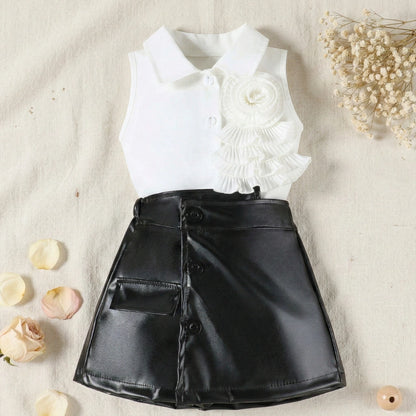 Girls 3D Rosette Ruffle Shirt & Faux Leather Skort 2-Piece Set | 1–6 Years