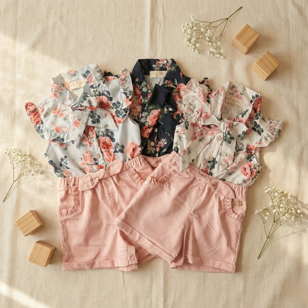 Floral tops and pink shorts on a beige surface with small wooden blocks and dried flowers.