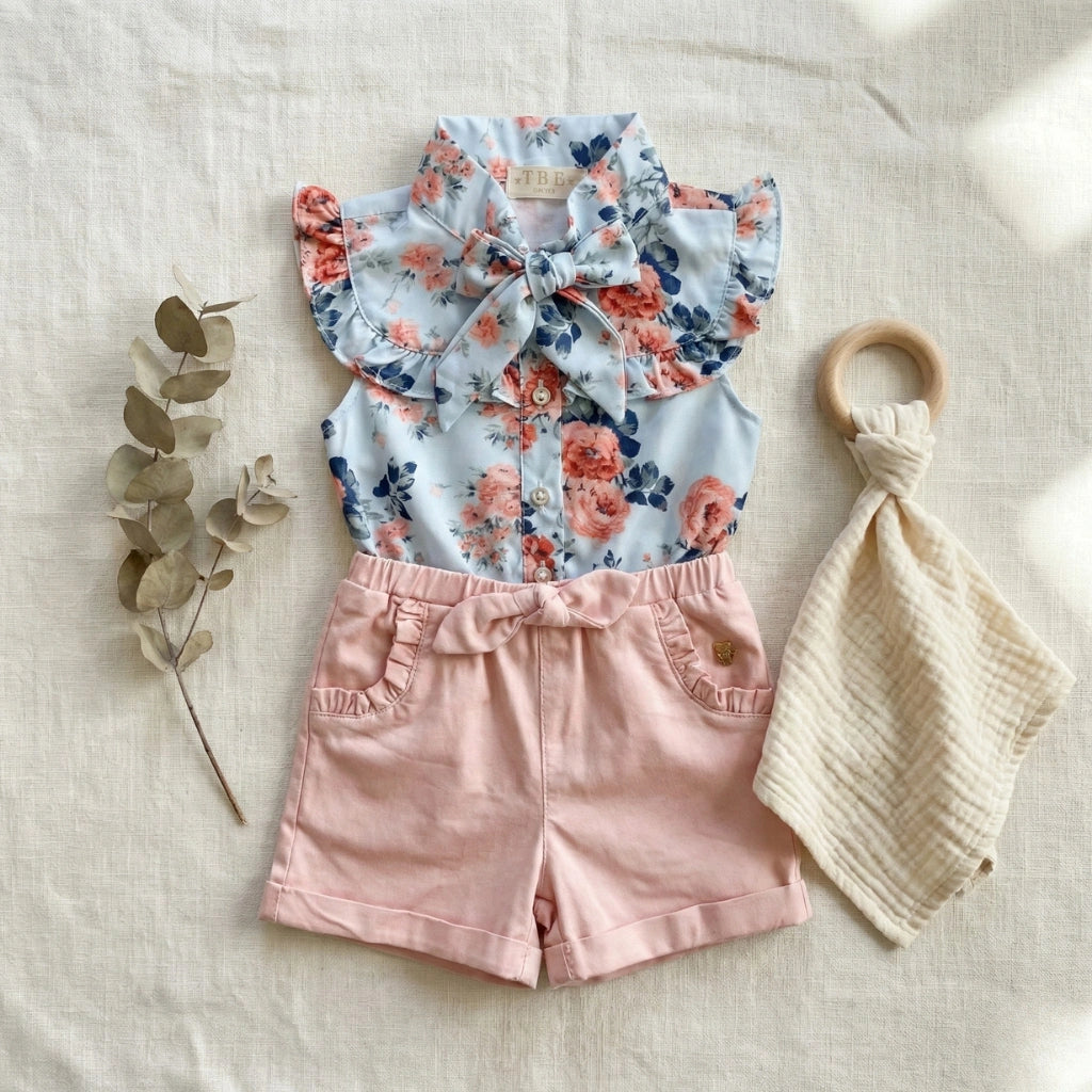 Children's floral top and pink shorts with a baby blanket and wooden ring on a light background