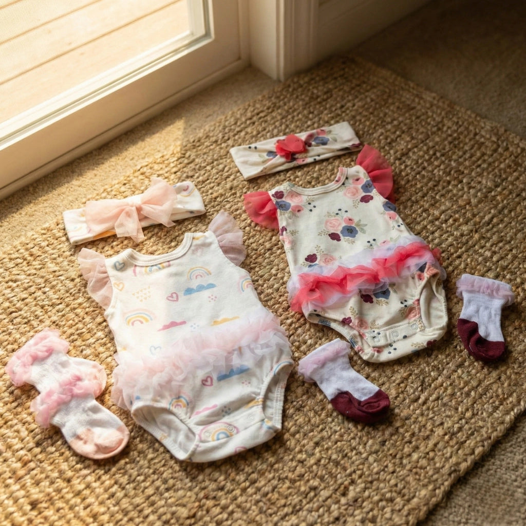 Baby outfit set with rompers, socks, and headband on a carpeted floor.