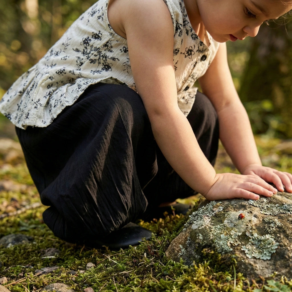 Child sitting on a mossy ground with a rock, wearing a white floral top and dark pants.