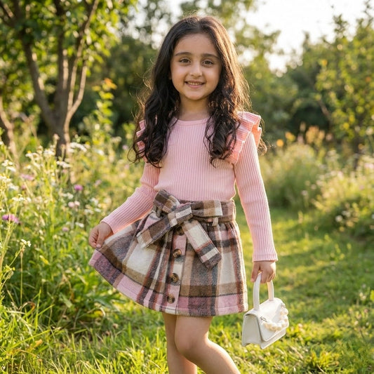 Young girl in a pink sweater and plaid skirt standing in a grassy field with trees in the background.