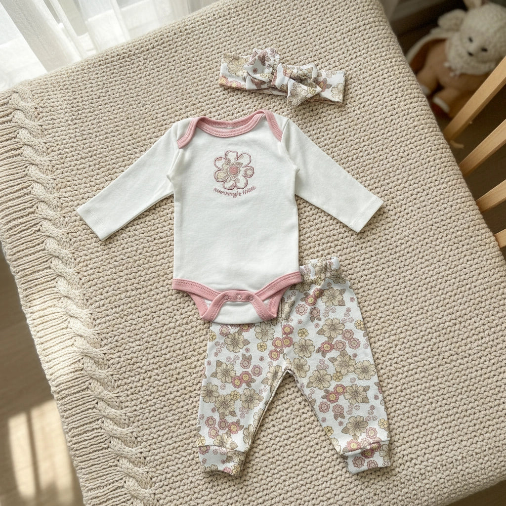 Baby Girl 3-Piece Set | Long Sleeve Bodysuit, Floral Pants & Headband