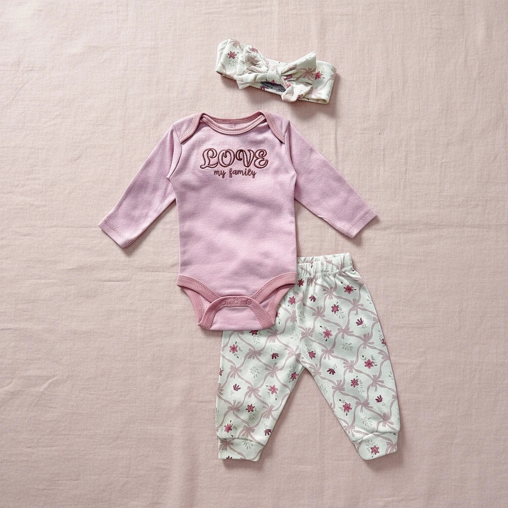 Baby Girl 3-Piece Set | Long Sleeve Bodysuit, Floral Pants & Headband