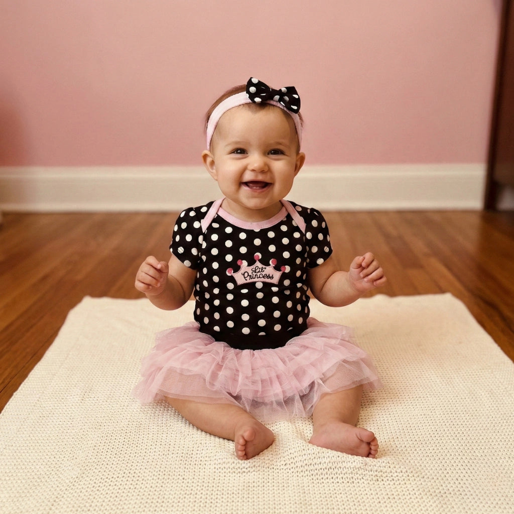 Baby wearing a polka dot shirt and pink tutu sitting on a rug with a pink wall background.