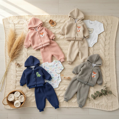 Collection of baby outfits including jackets, pants, and onesies on a textured blanket.