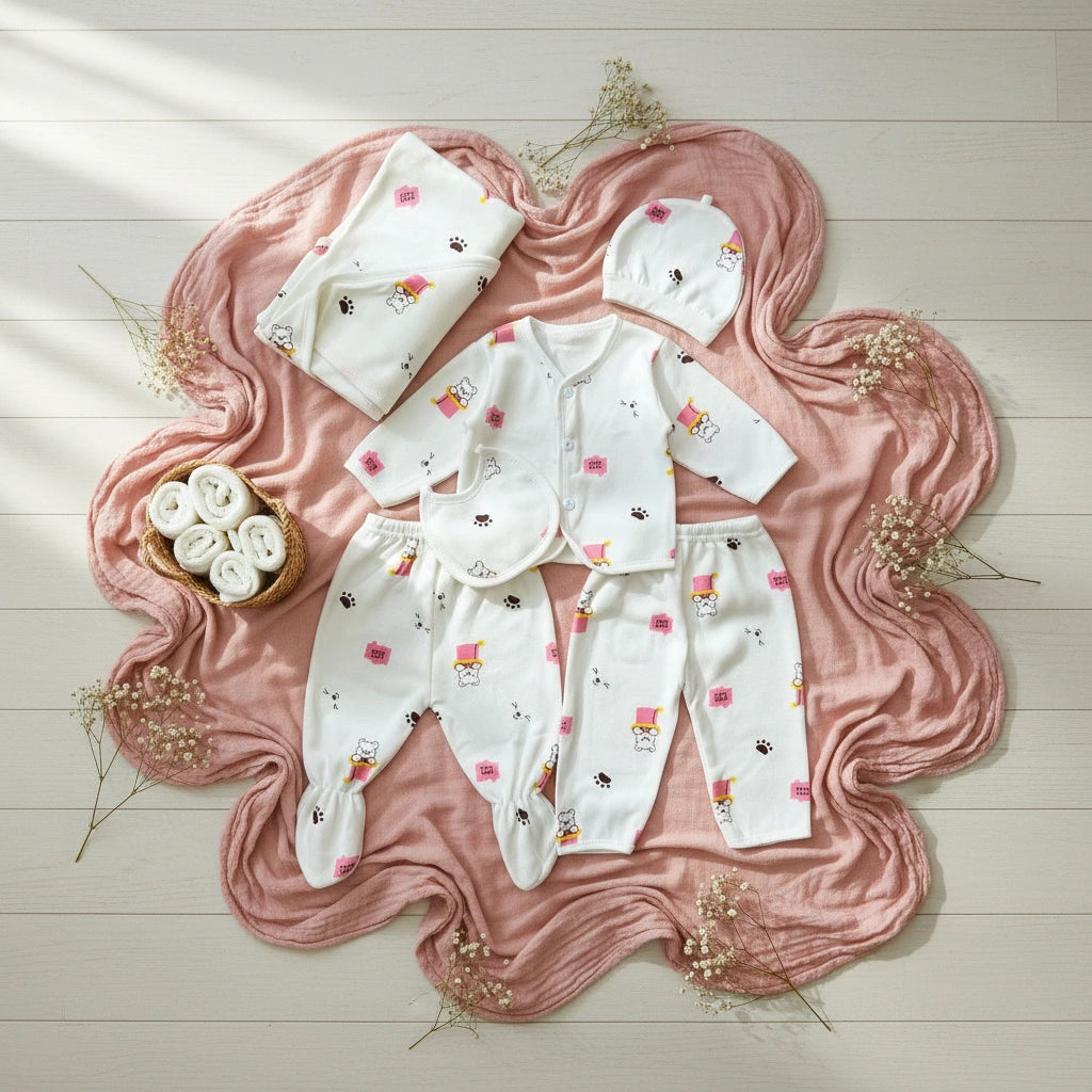 Baby clothing set with pink blanket and flowers on a wooden floor