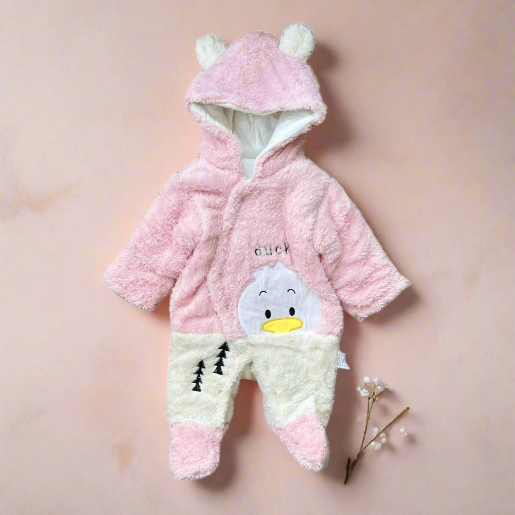 Pink and white baby snowsuit with duck design on a white background