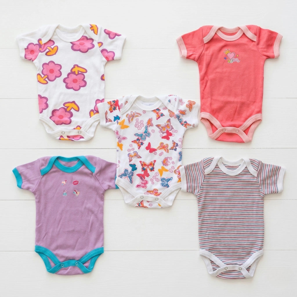 Five colorful baby bodysuits on a white wooden surface