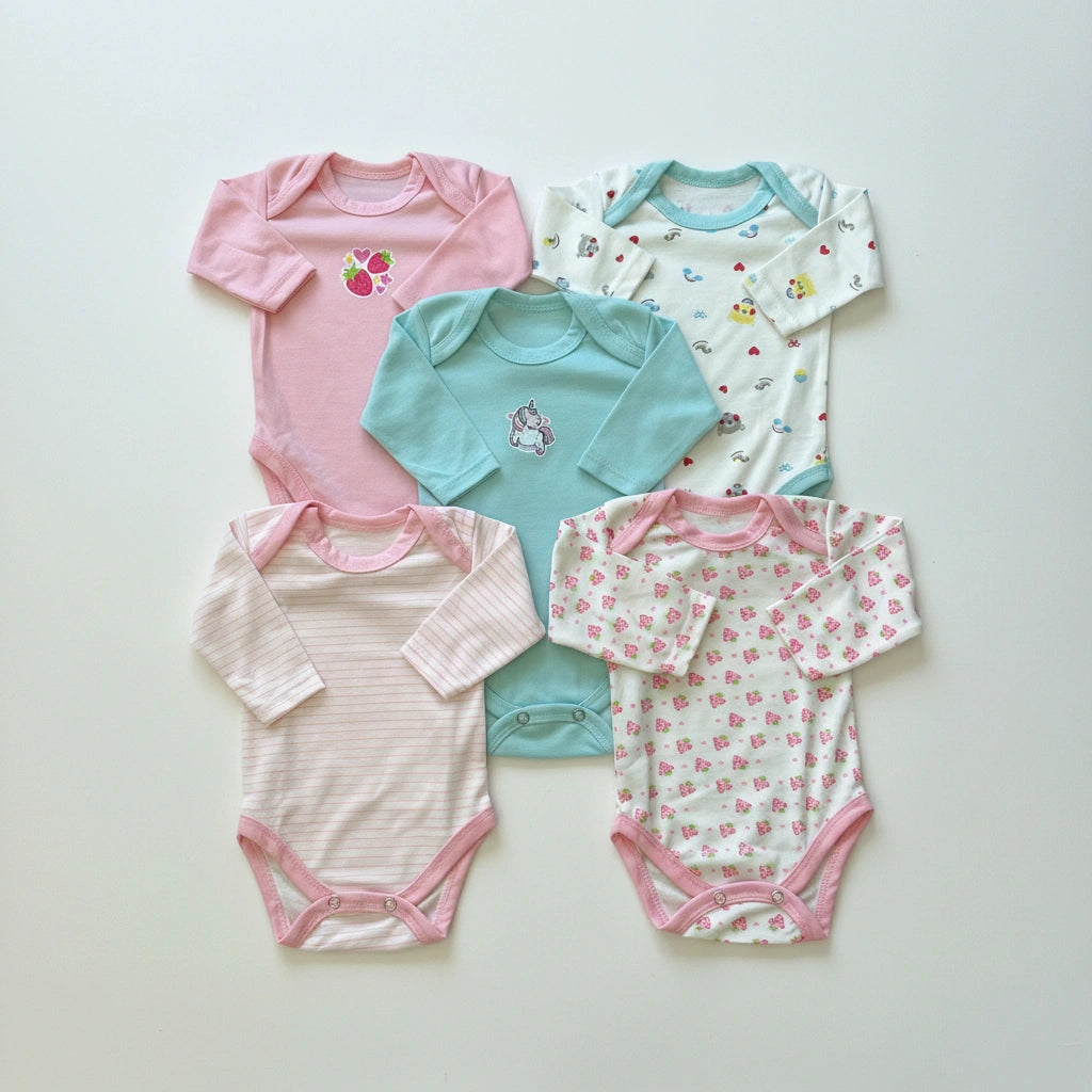Five baby bodysuits arranged in a 2x3 flat lay on a light off-white background. The set includes pink, mint green, and white long-sleeve and short-sleeve baby bodysuits with various prints and designs.
