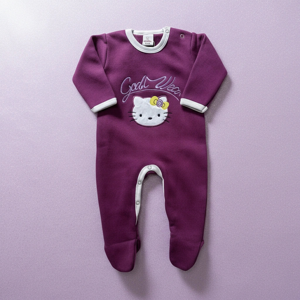 Purple baby onesie with Hello Kitty design on a white background